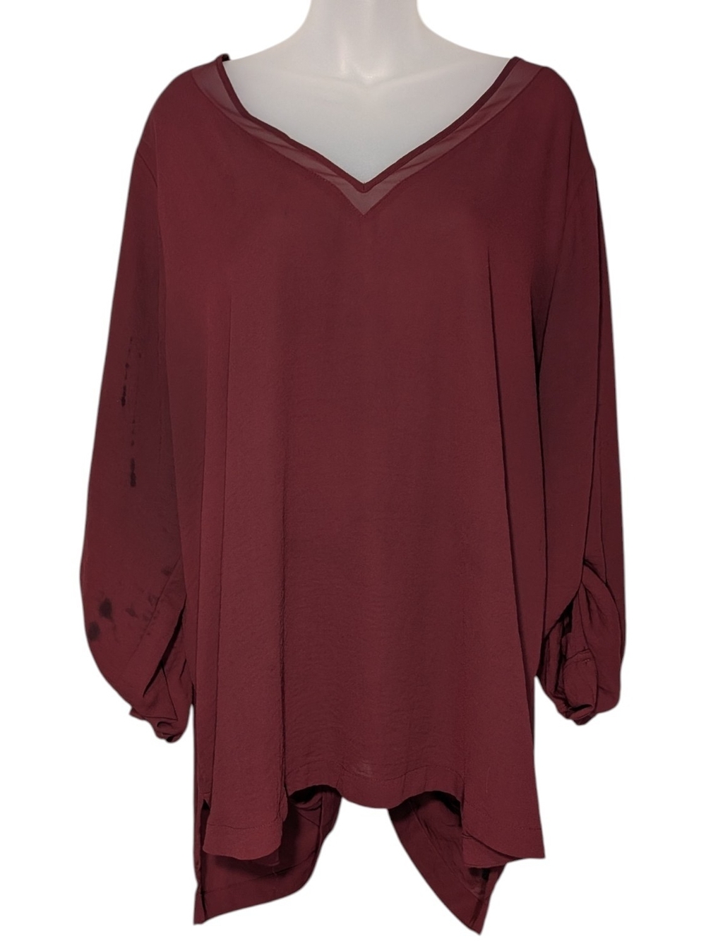 2X Maroon Lightweight Chiffon V-Neck Tunic Top Roll Tab Sleeve Fall